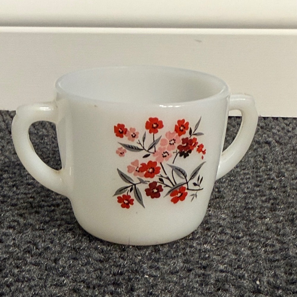 Vintage Fire-King Primrose Milk Glass Sugar Bowl Double Handle Red Pink Floral